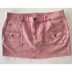 Aerie Women's XL Faded Wash Pink Mini Skirt Fringe Cut Off Preppy Boho Denim